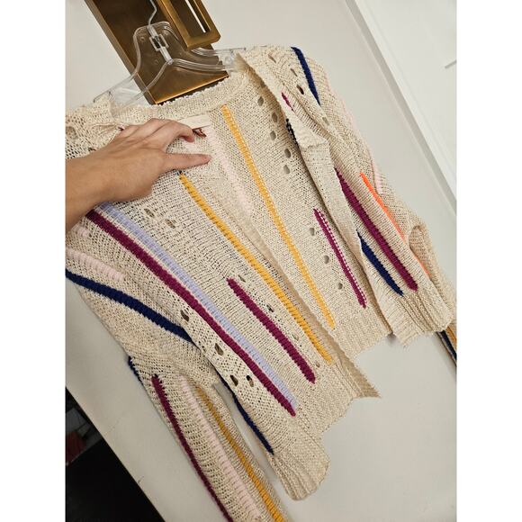 By Anthropologie Women's Beige Striped Cardigan Sweater One Size - Picture 7 of 16
